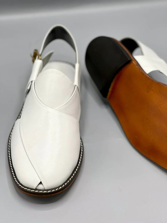 Leather Sole Peshawar Chappal White