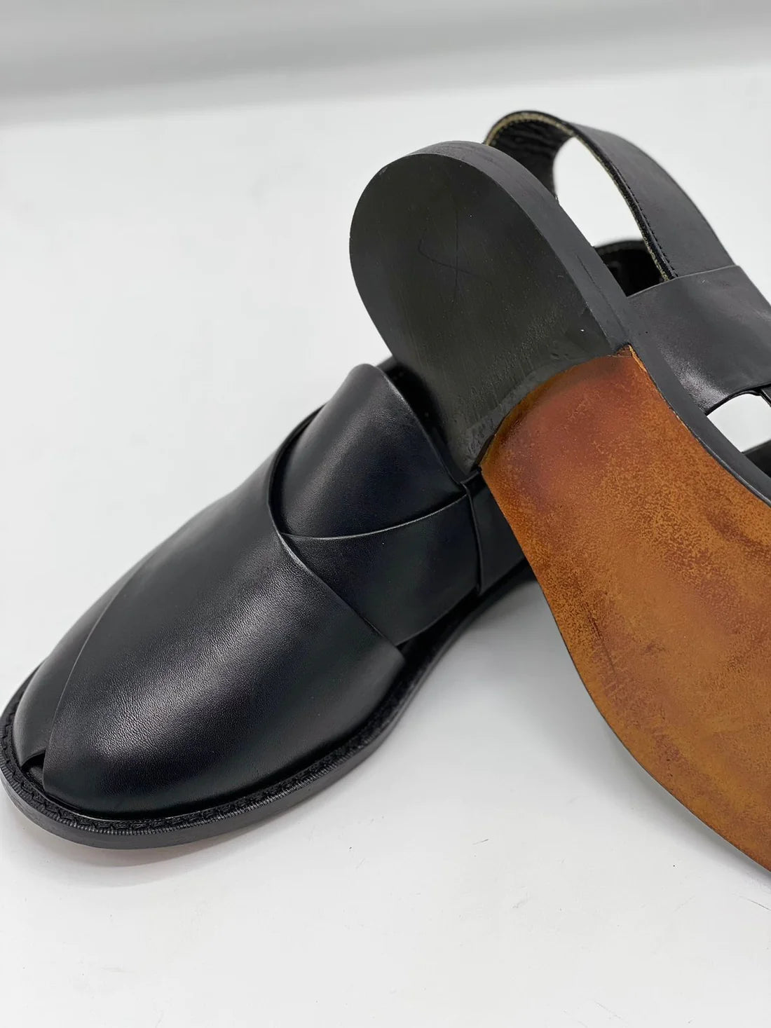 Leather Sole Peshawari Chappal - Black