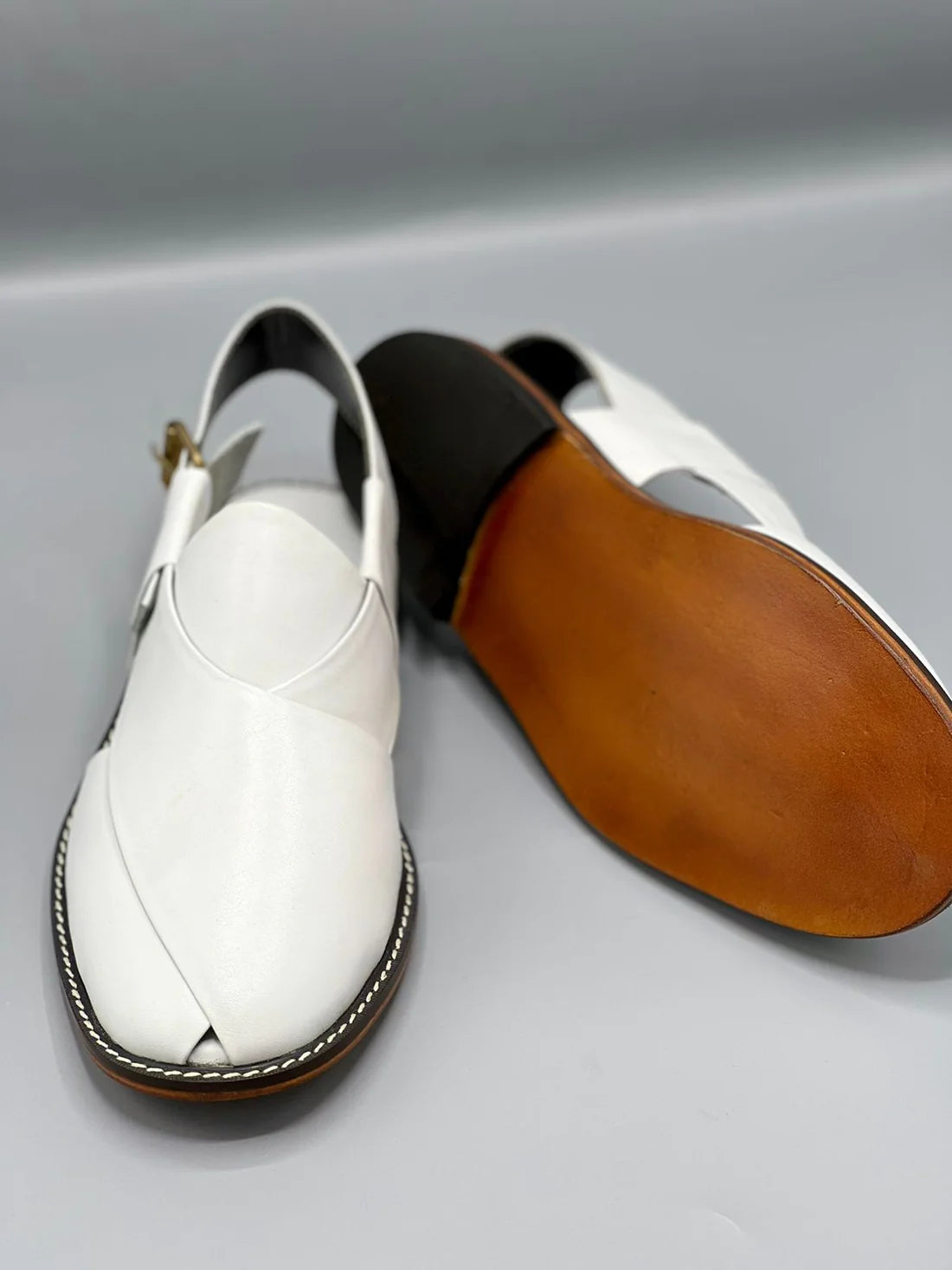 Leather Sole Peshawar Chappal White