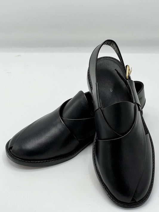 Leather Sole Peshawari Chappal - Black